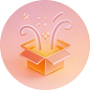 Open orange gift box releasing confetti against a pink circular background, conveying celebration or surprise.