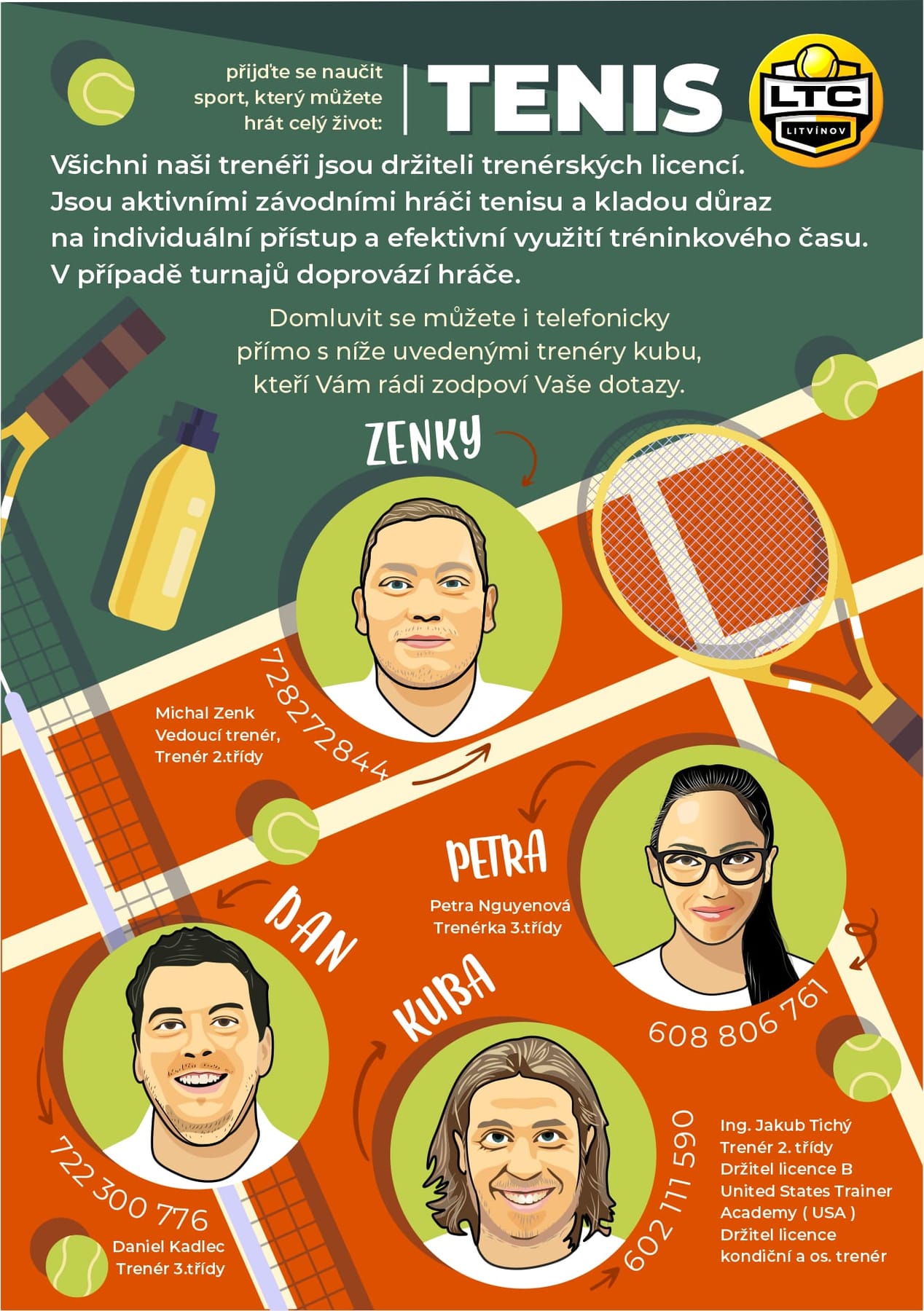 LTC Litvínov tennis club flyer with cartoon coaches designed by MalbarDesign