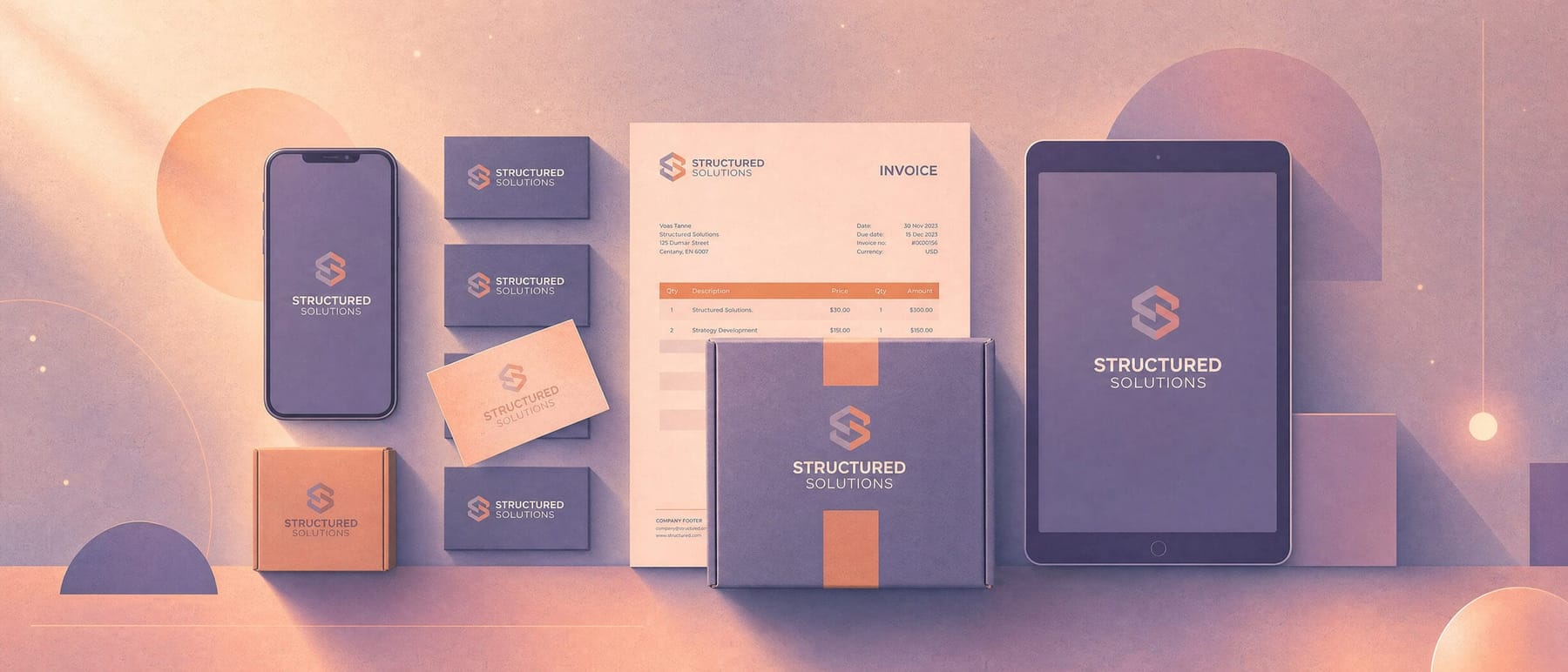 brand consistency: one identity perfectly aligned across phone, business card, invoice and packaging, with a single misaligned touchpoint