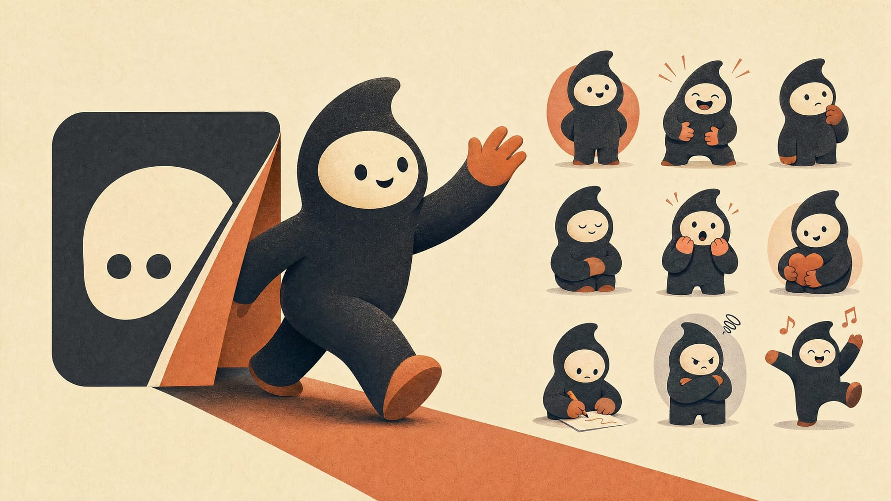 brand mascot in 2026: a characterful illustrated mascot stepping out from a flat logo