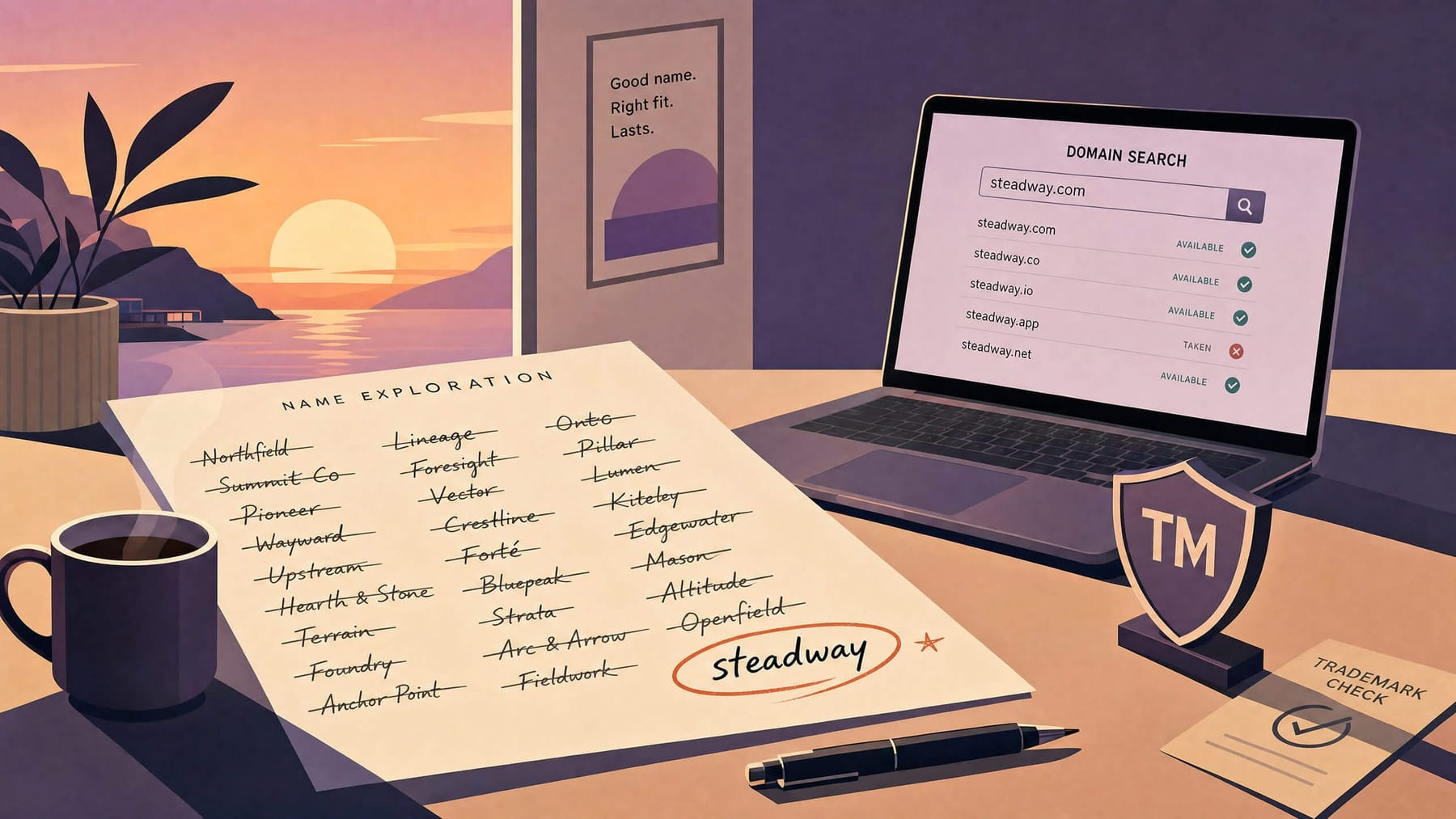 how to name a brand: naming exploration with shortlisted names and one chosen on a designer's desk