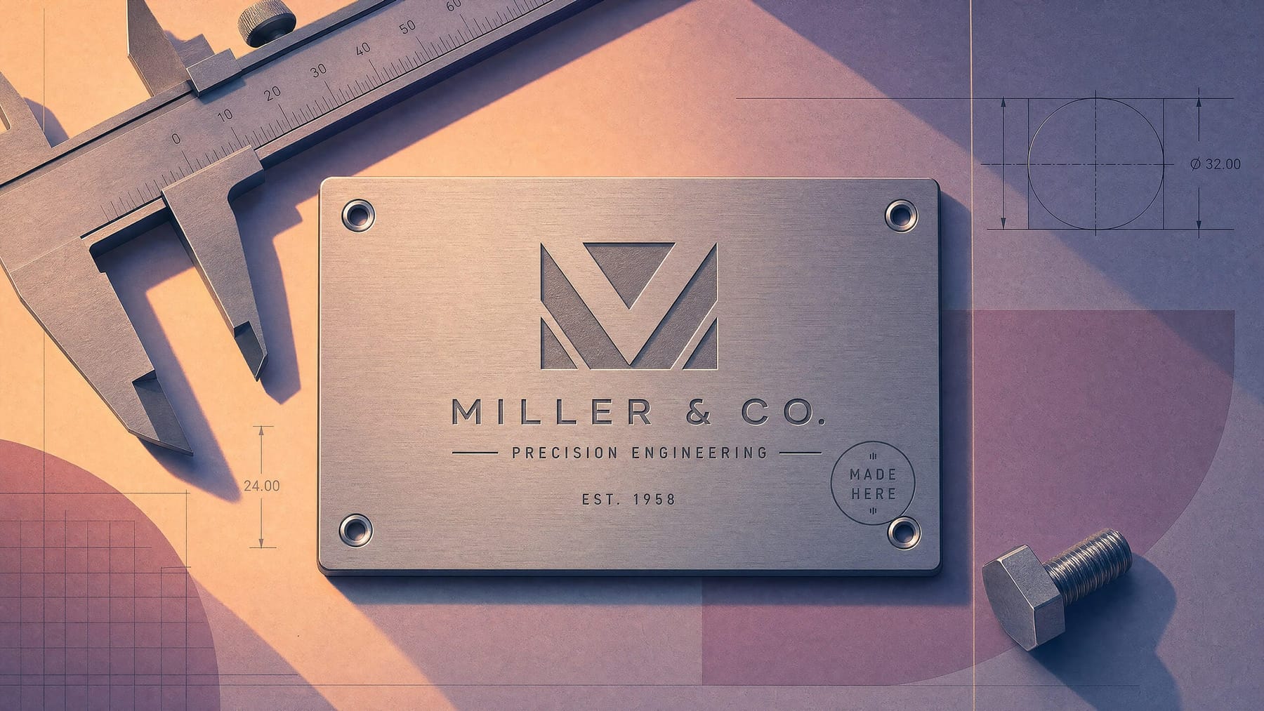 industrial branding: a precise minimal brand mark engraved on a machine nameplate