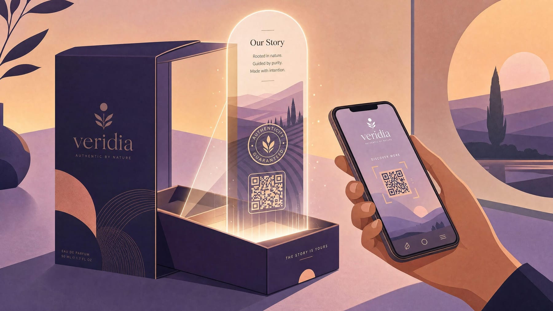 interactive branding: a hand tapping a phone to a package, a digital brand layer rising from it