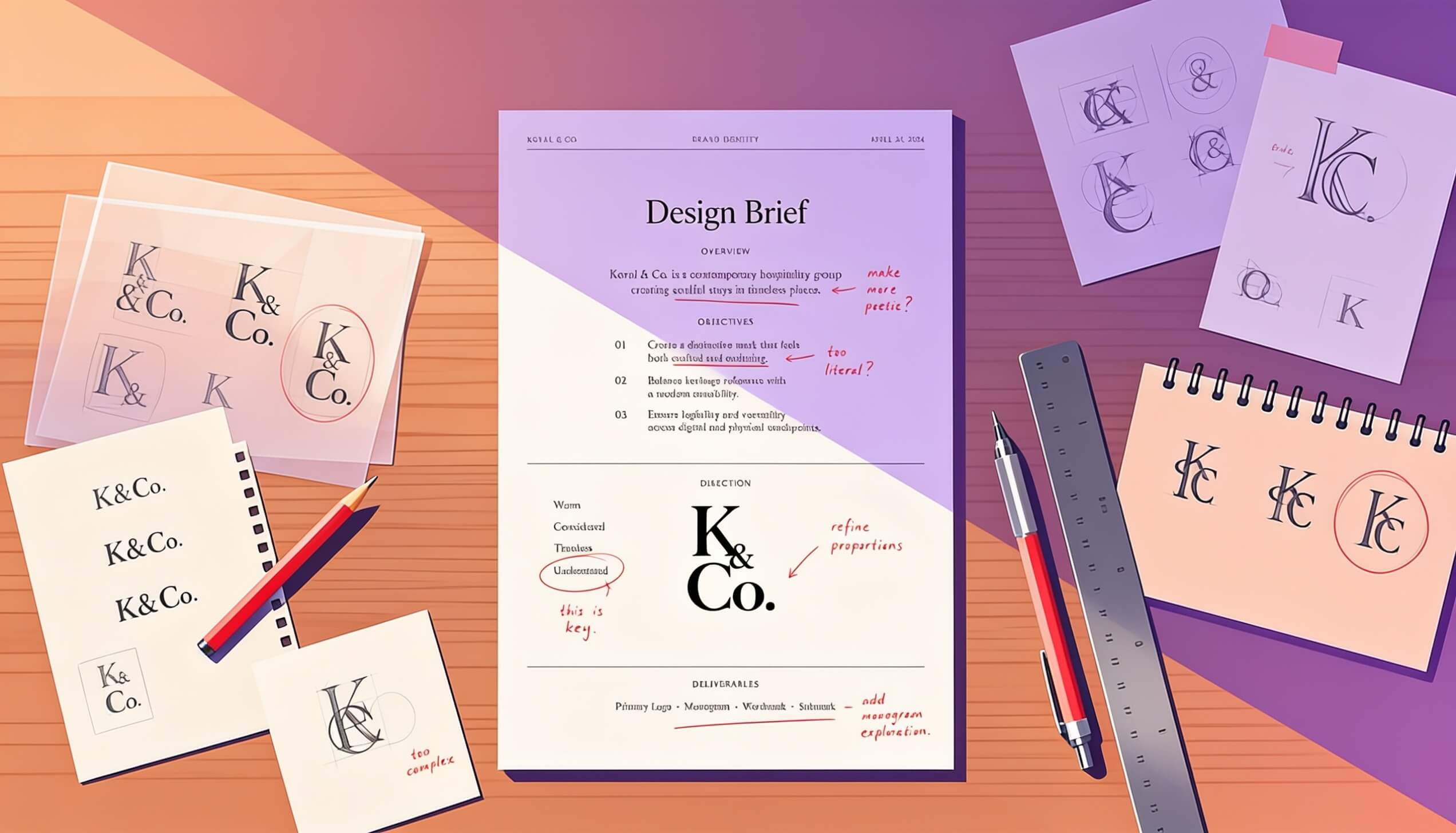logo design brief: annotated one-page brief document with logo sketches on a designer desk