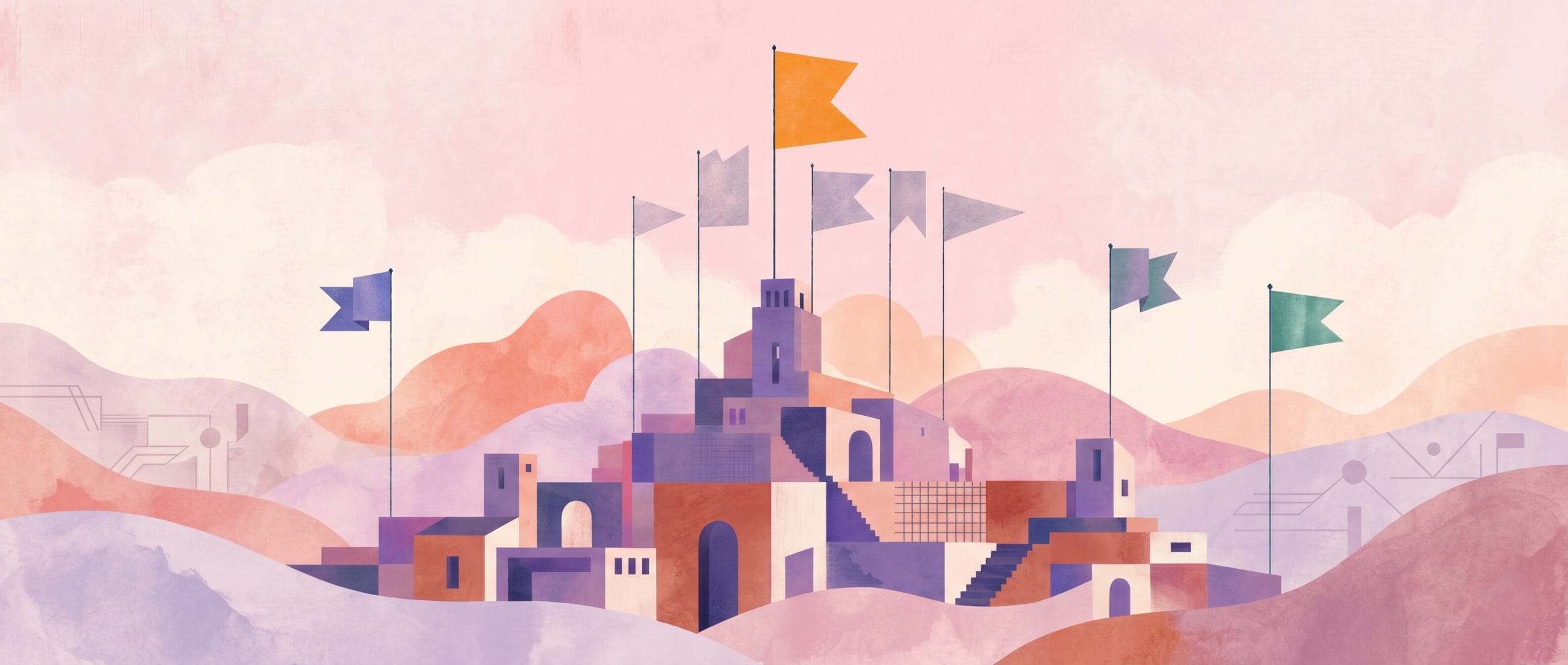 Abstract pastel cityscape with hill-like forms, towers, and tall flagpoles featuring colorful banners.