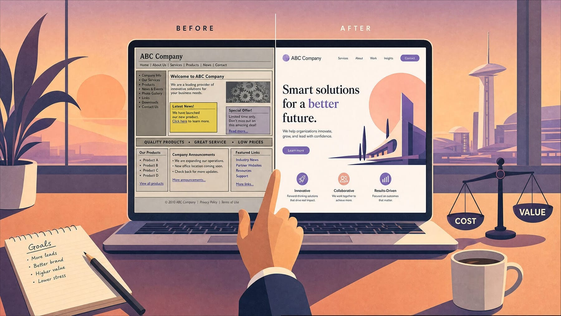 Laptop screen showing a Before/After web design comparison against a cityscape background, illustrating a UI upgrade (old vs new).