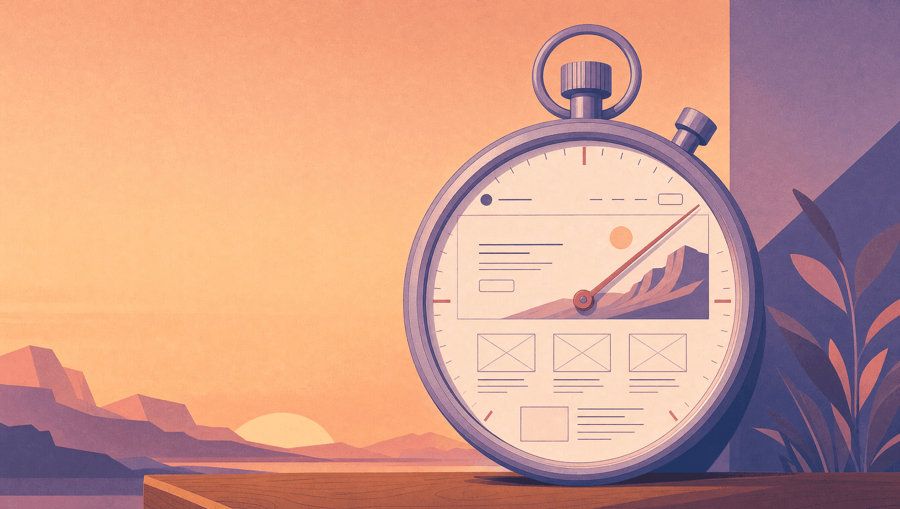 5-second homepage test: a stopwatch whose face is a website wireframe, second hand sweeping the hero section