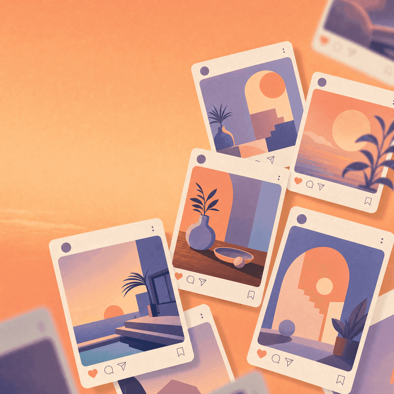 Collage of Instagram-style photo cards showing sunset scenes, plants, and vases on an orange background.