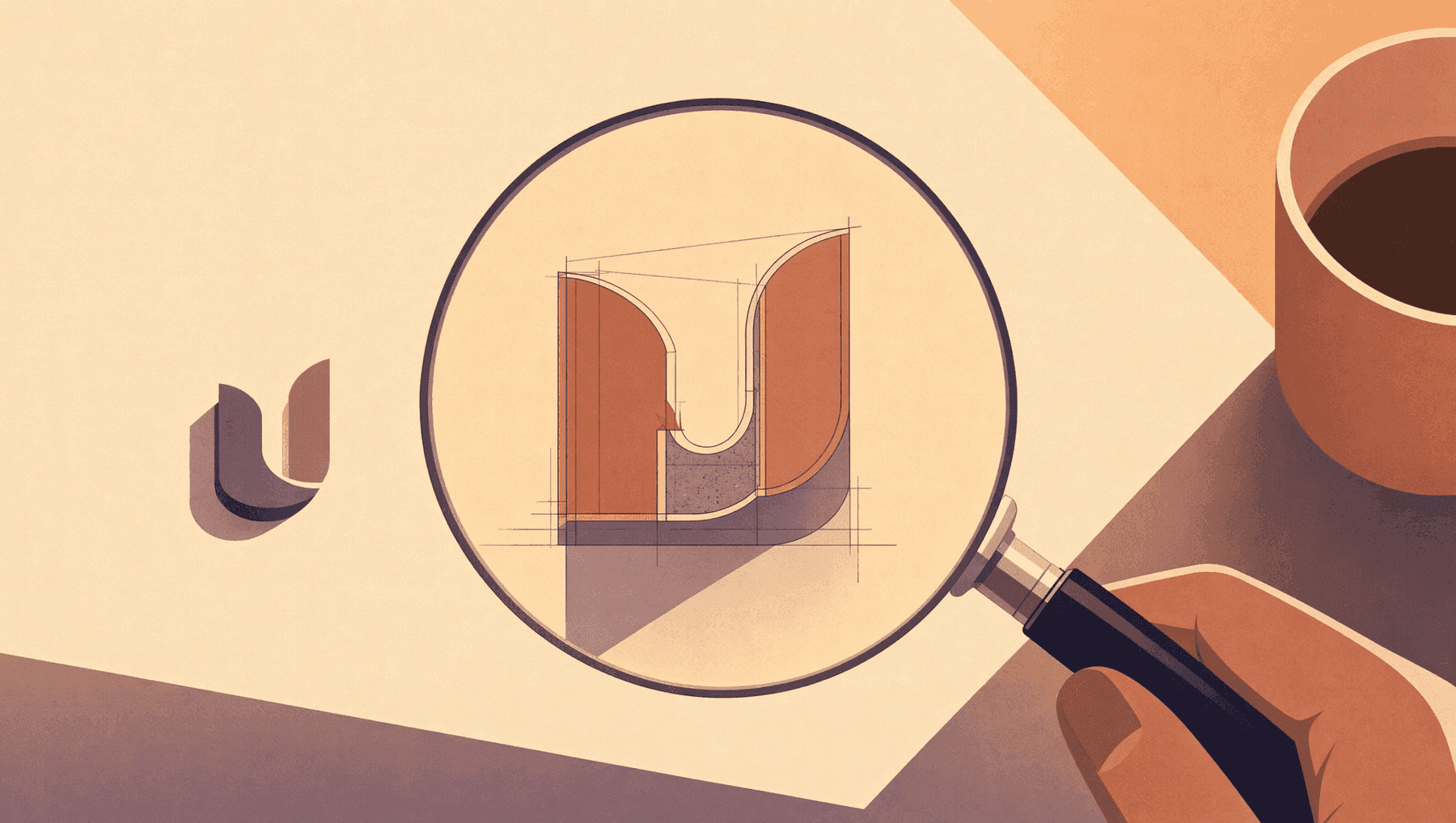 Abstract geometric illustration of a magnifying glass focusing on a blueprint-style doorway with a curved arch on a beige background.