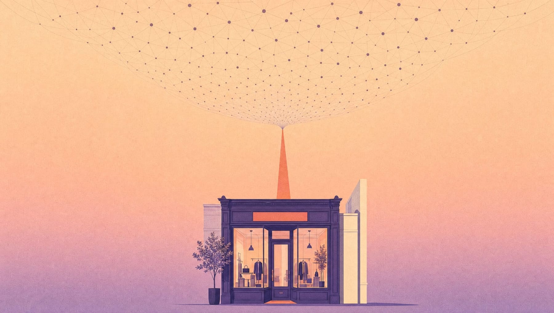 Generative engine optimization: an AI neural lattice reading a small storefront and citing it