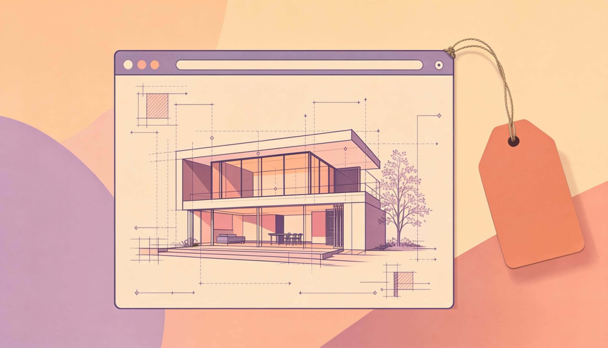 Illustrated architectural blueprint of a modern house displayed on a screen, with a hanging peach tag to the right.