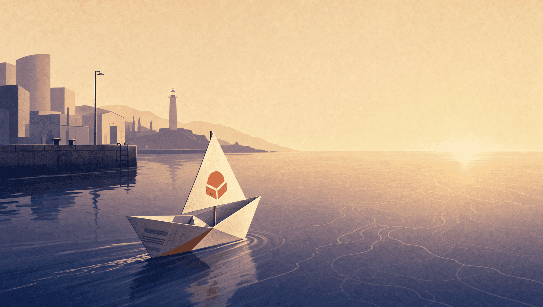 International branding: a paper boat folded from a business document sailing toward open water under a terracotta brand mark