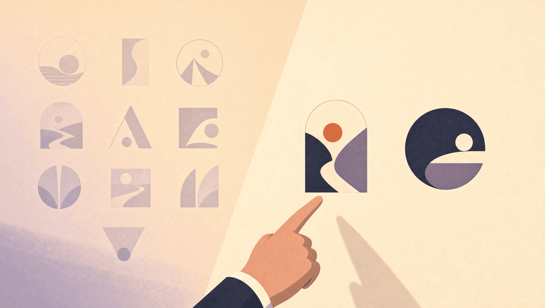 Two strong logo directions versus a cluttered grid of ten weak concepts