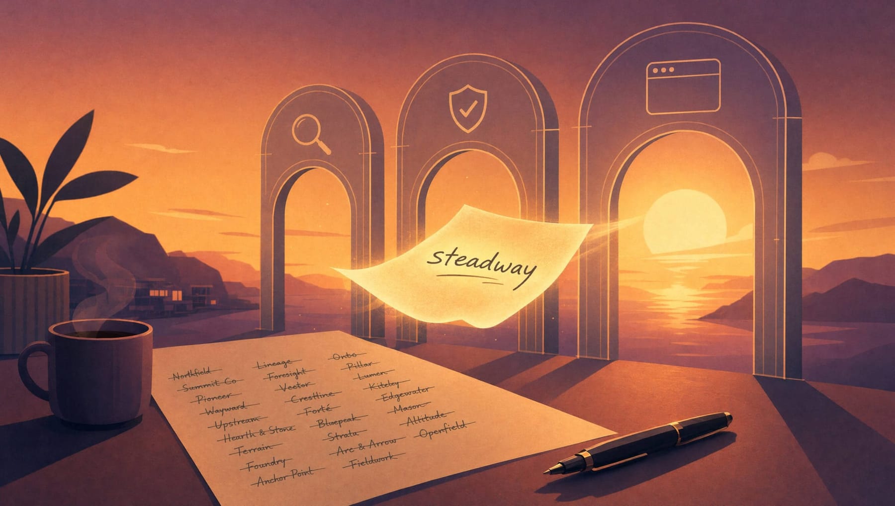 to name a business: naming shortlist and wordmark sketches on paper with a marked favourite