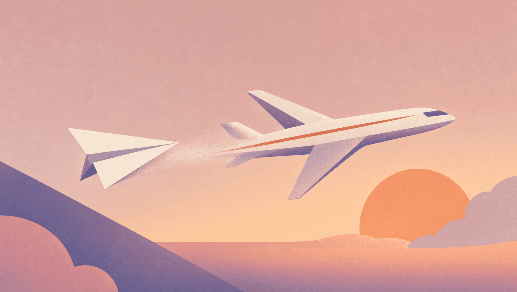 Startup rebrand: a paper airplane transforming mid-flight into a precise aircraft silhouette with a terracotta accent