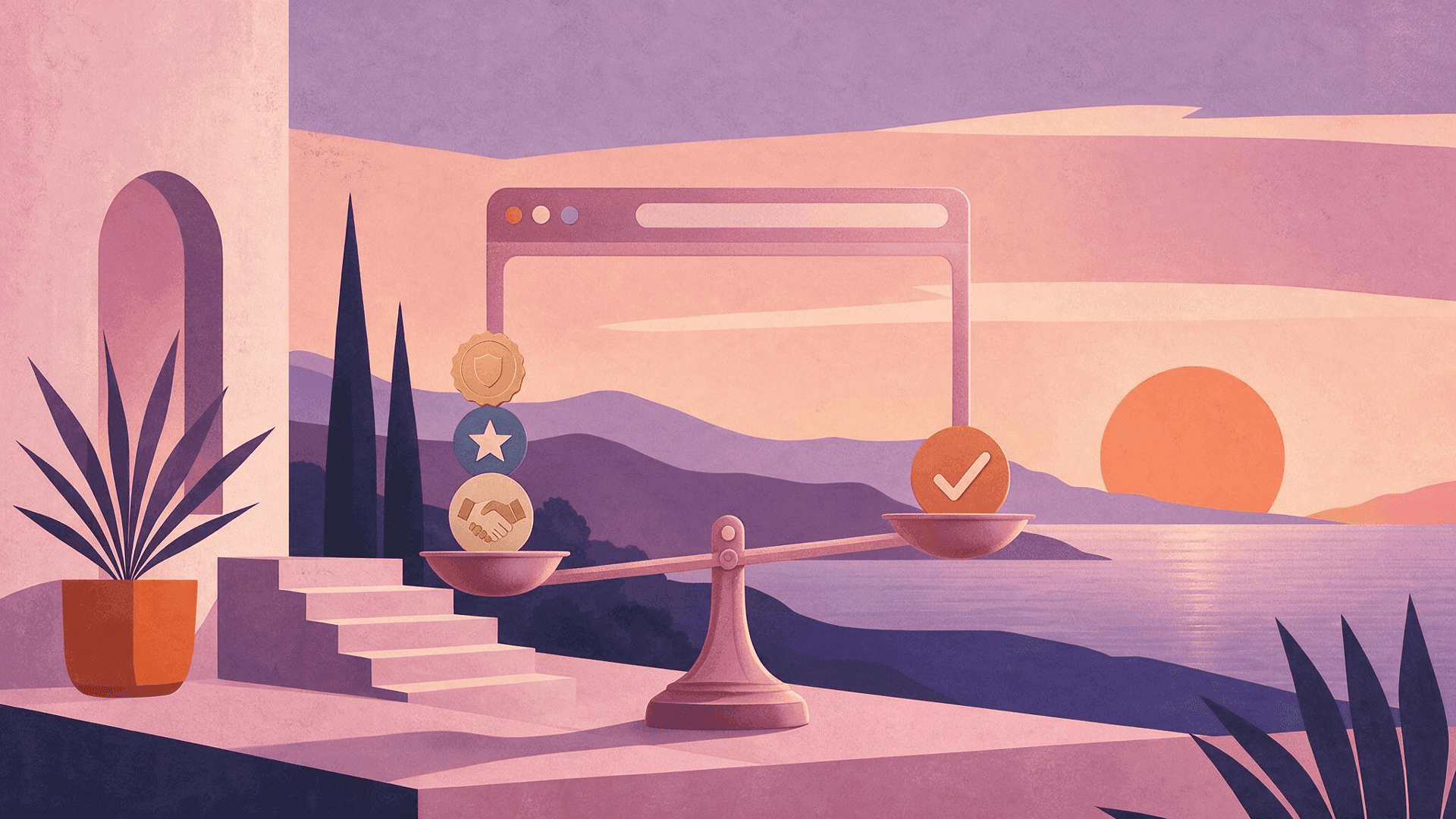 Website trust signals: trust tokens stacking on a scale drawn inside a browser window, tipping toward a terracotta checkmark
