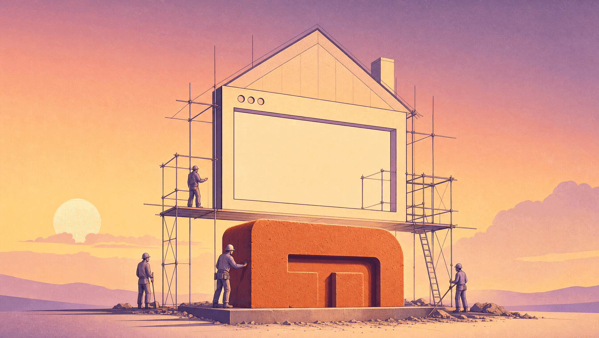 Brand first or website first: a brand-mark cornerstone laid before a house framed as a browser window