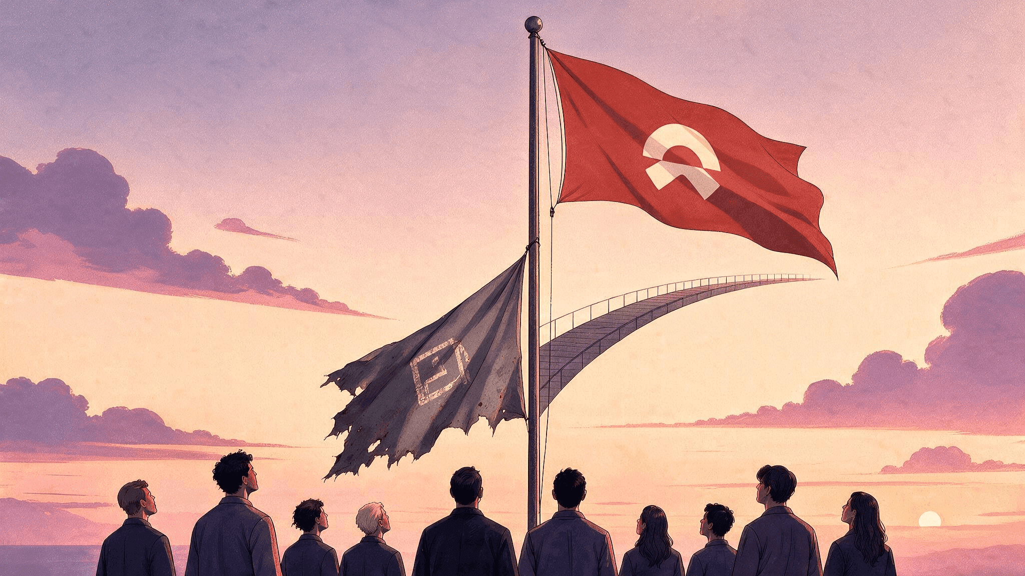 How to launch a rebrand: an old flag lowering as a new terracotta flag rises on the same mast before a watching crowd