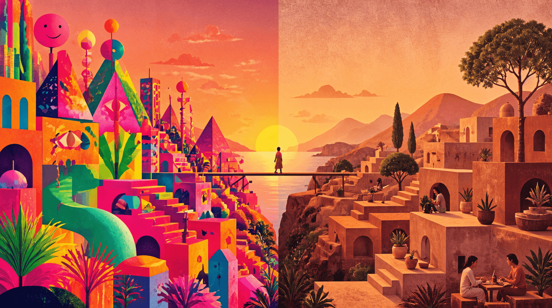 Split scene: a vibrant, surreal city of stacked blocks and colorful shapes on the left, and a warm desert hillside village with terraces on the right at sunset, connected by a bridge and a lone walker