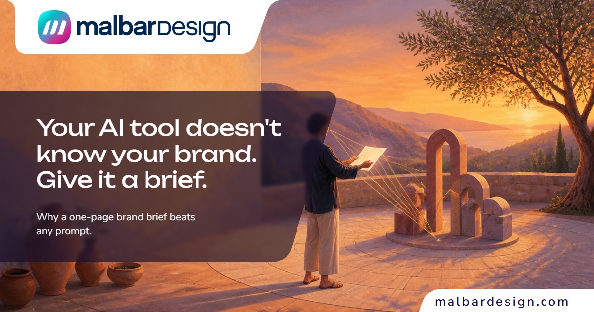 Brand brief for AI design tools, a desk with a printed one-page brief and a colour swatch card