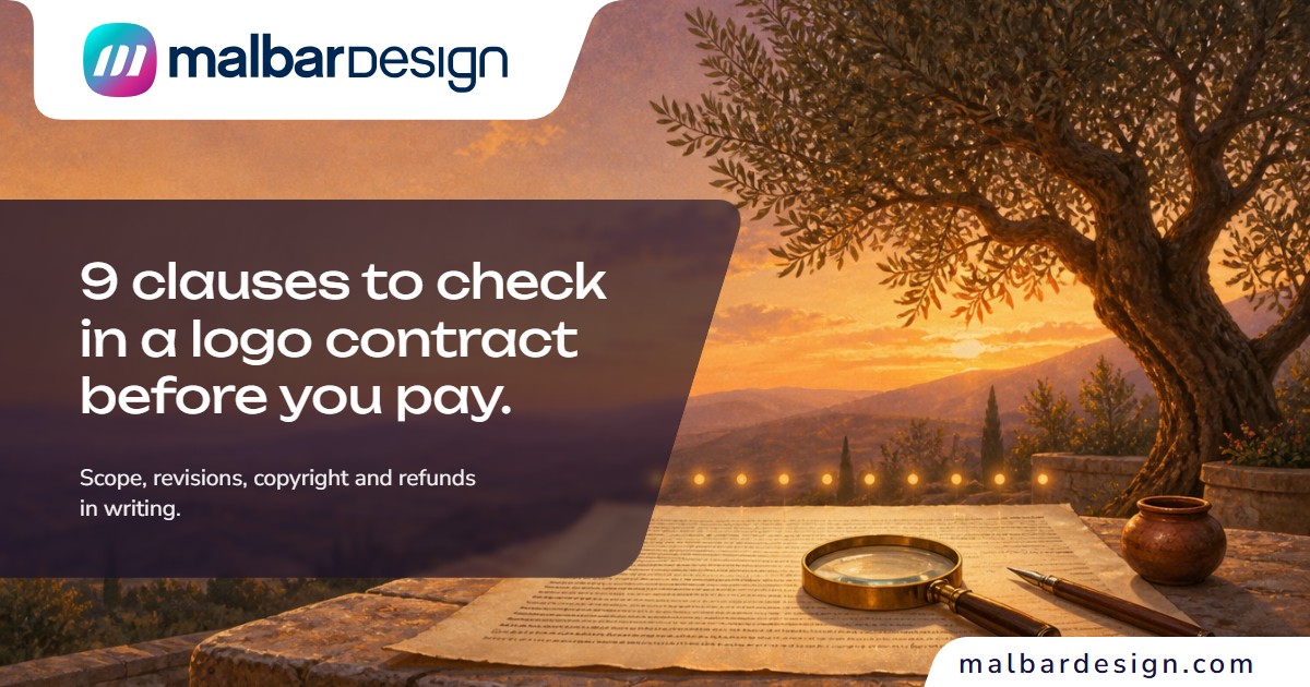 A business owner reviewing a logo design contract next to printed logo concepts on a desk