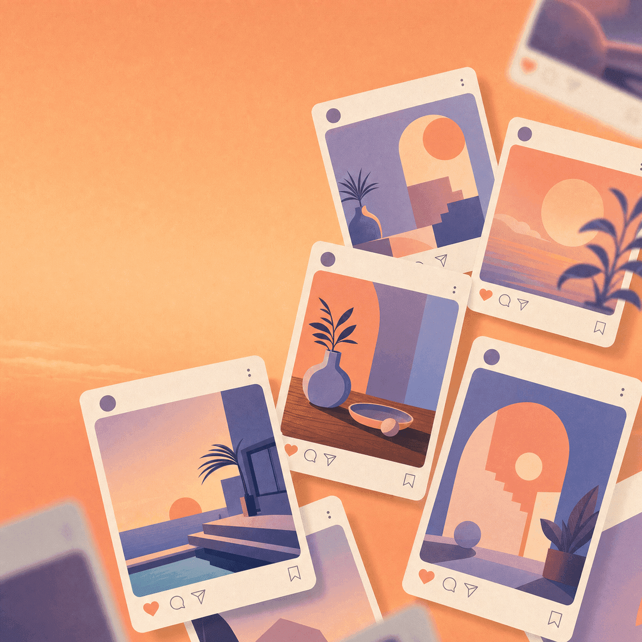 Collage of Instagram-style photo cards showing sunset scenes, plants, and vases on an orange background.