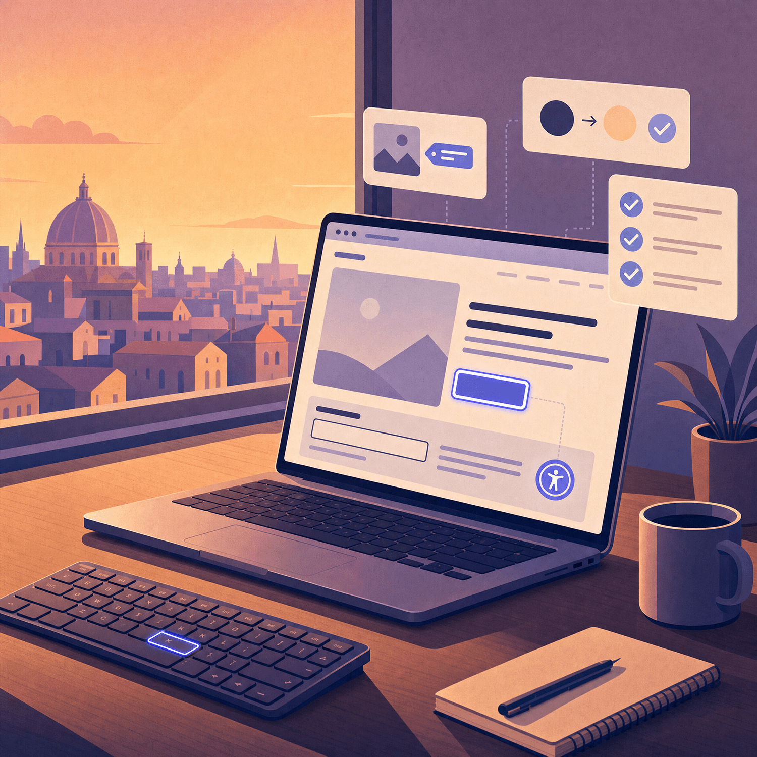 Laptop on a wooden desk with a sunset city skyline; floating UI panels indicate a design/workspace scene.