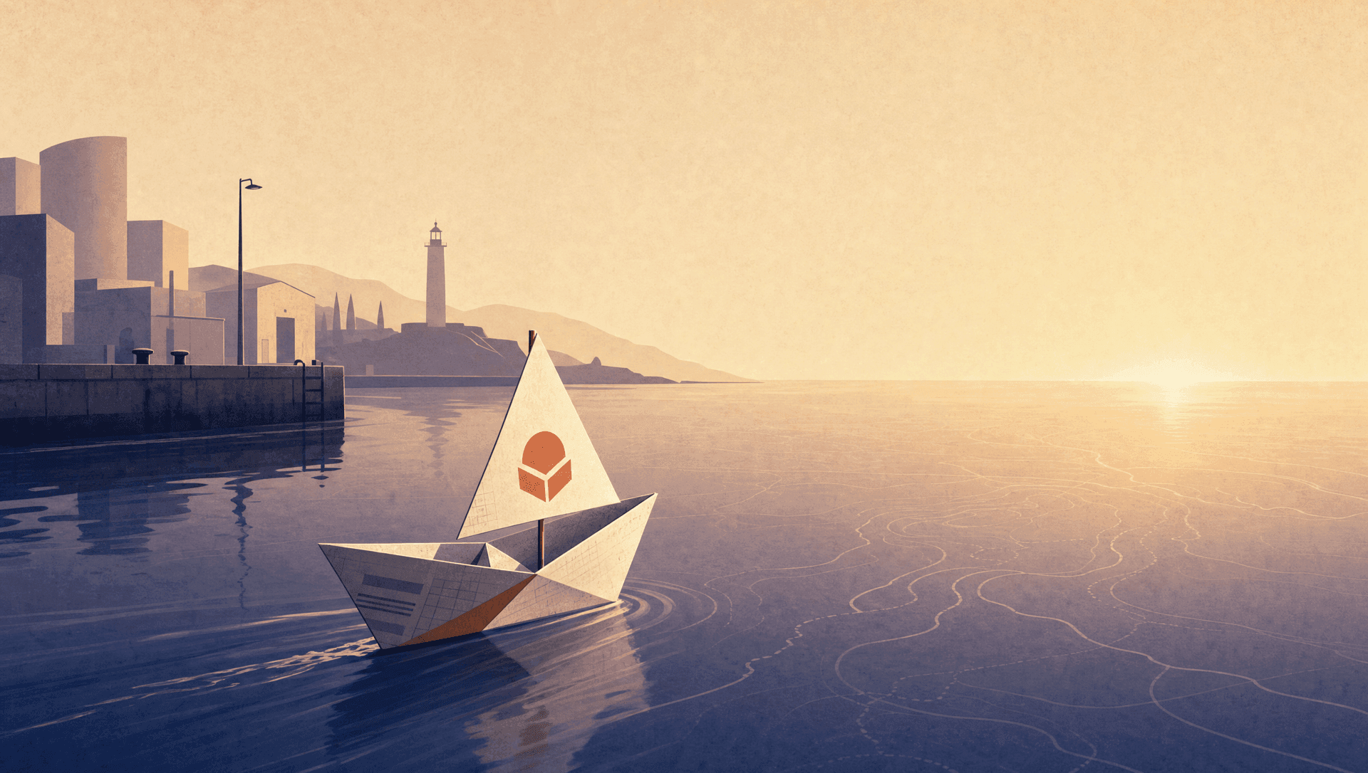 International branding — a paper boat folded from a business document sailing toward open water under a terracotta brand mark