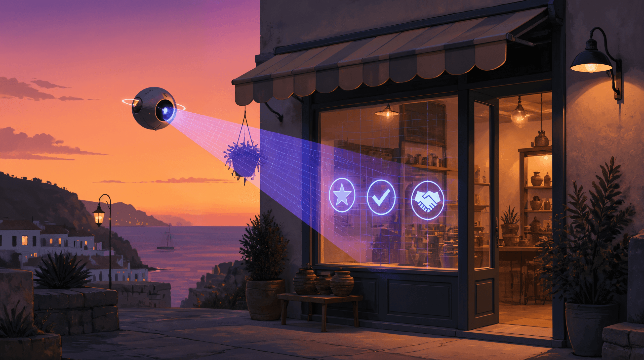 AI agent trust signals — a structured beam of light scanning a small storefront revealing glowing trust badge icons