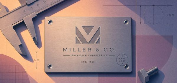 industrial branding — a precise minimal brand mark engraved on a machine nameplate