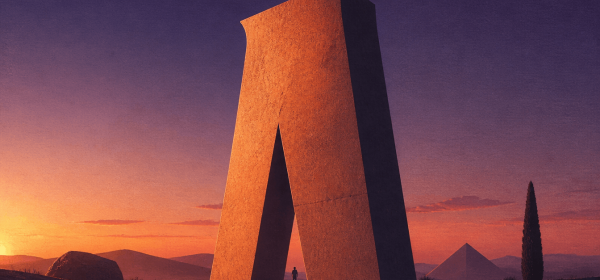 Massive orange desert monolith arch at sunset with a lone person beneath it and distant pyramids on the horizon.
