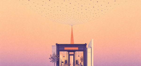 Generative engine optimization — an AI neural lattice reading a small storefront and citing it