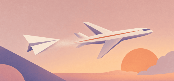Startup rebrand — a paper airplane transforming mid-flight into a precise aircraft silhouette with a terracotta accent