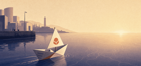 International branding — a paper boat folded from a business document sailing toward open water under a terracotta brand mark