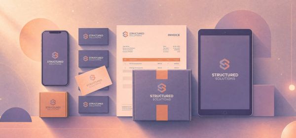 brand consistency — one identity perfectly aligned across phone, business card, invoice and packaging, with a single misaligned touchpoint