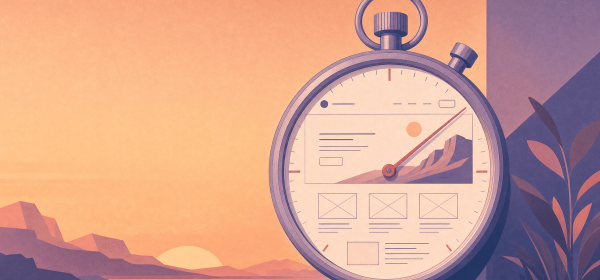 5-second homepage test — a stopwatch whose face is a website wireframe, second hand sweeping the hero section