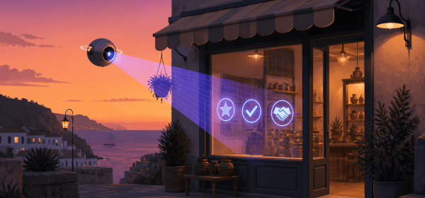 AI agent trust signals — a structured beam of light scanning a small storefront revealing glowing trust badge icons