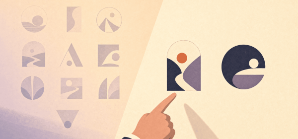 Two strong logo directions versus a cluttered grid of ten weak concepts