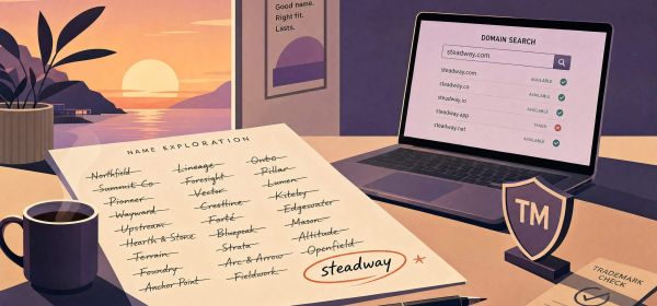 how to name a brand — naming exploration with shortlisted names and one chosen on a designer's desk