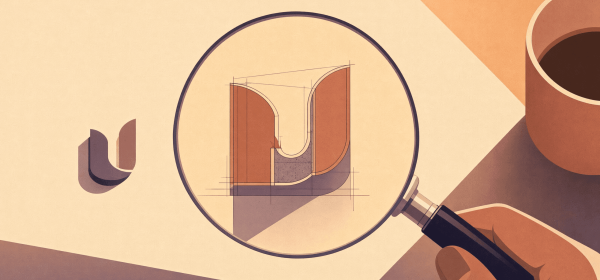 Abstract geometric illustration of a magnifying glass focusing on a blueprint-style doorway with a curved arch on a beige background.