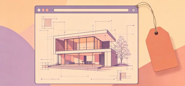 Illustrated architectural blueprint of a modern house displayed on a screen, with a hanging peach tag to the right.