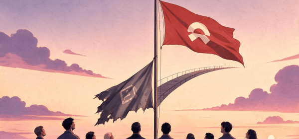 How to launch a rebrand — an old flag lowering as a new terracotta flag rises on the same mast before a watching crowd