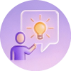 Illustration of a person presenting an idea with a glowing lightbulb in a speech bubble.