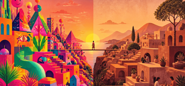 Split scene: a vibrant, surreal city of stacked blocks and colorful shapes on the left, and a warm desert hillside village with terraces on the right at sunset, connected by a bridge and a lone walker