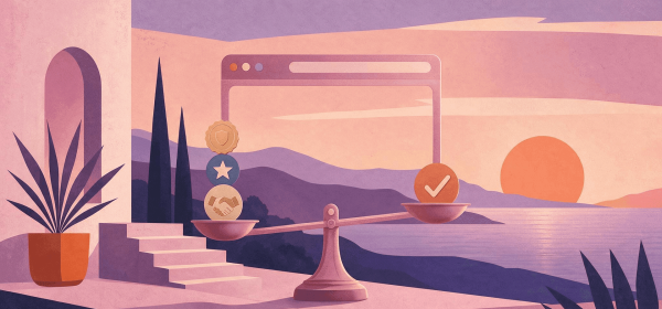 Website trust signals — trust tokens stacking on a scale drawn inside a browser window, tipping toward a terracotta checkmark