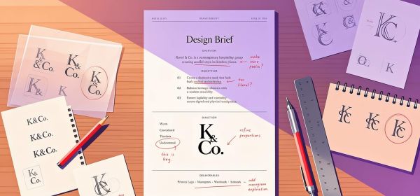 logo design brief — annotated one-page brief document with logo sketches on a designer desk