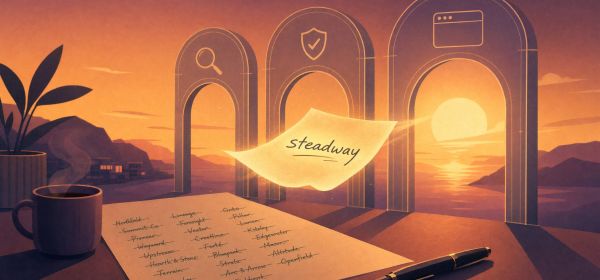 to name a business — naming shortlist and wordmark sketches on paper with a marked favourite