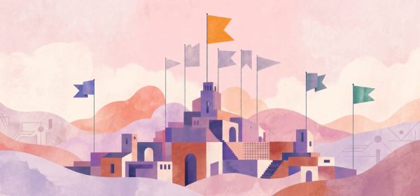 Abstract pastel cityscape with hill-like forms, towers, and tall flagpoles featuring colorful banners.