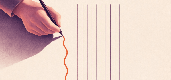 Custom illustration for brands — a human hand drawing one characterful crooked line beside identical sterile machine lines