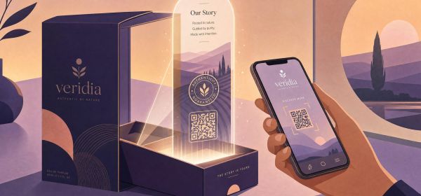 interactive branding — a hand tapping a phone to a package, a digital brand layer rising from it